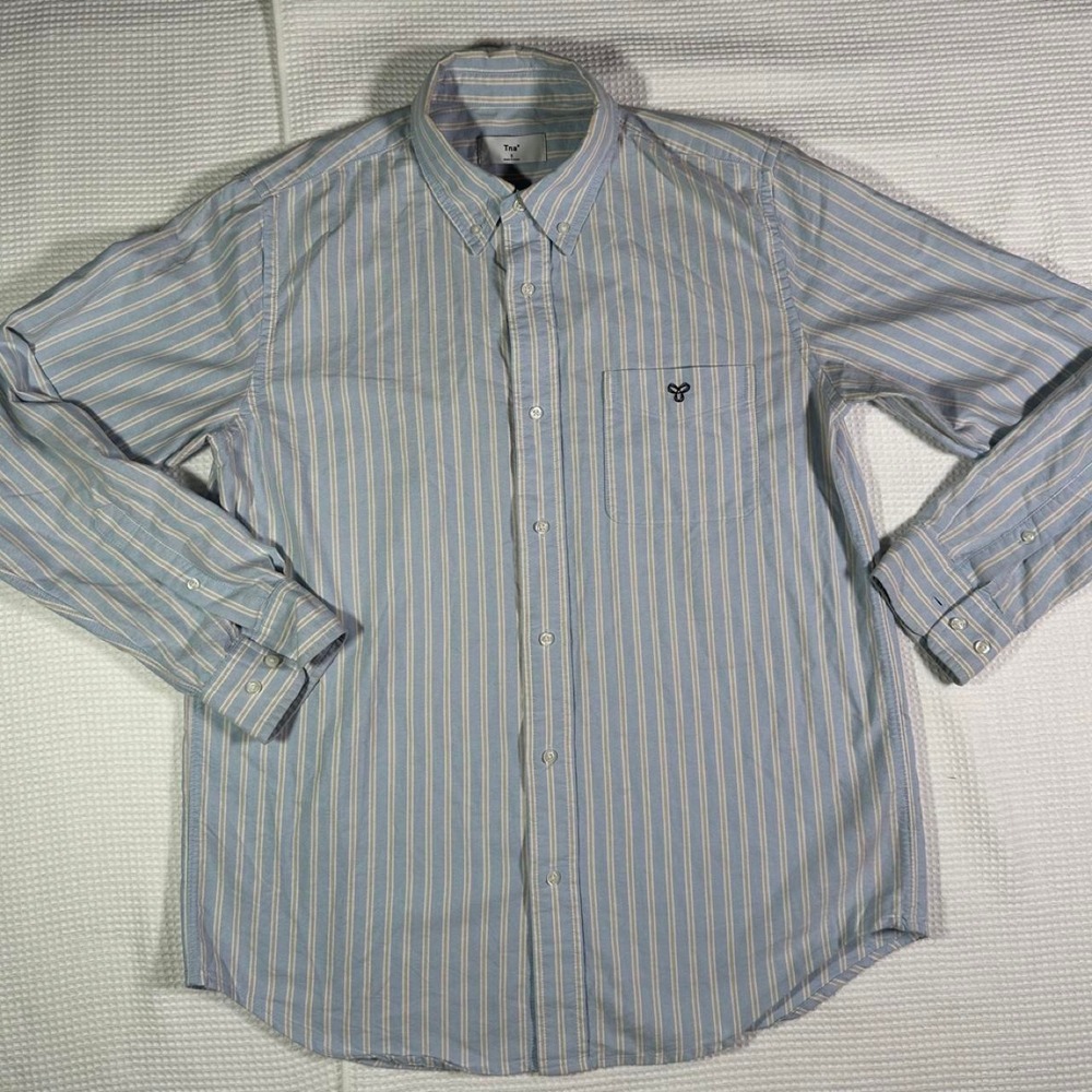 Women's Aritzia TNA blue and beige striped button-up shirt in size S - Picture 1 of 3